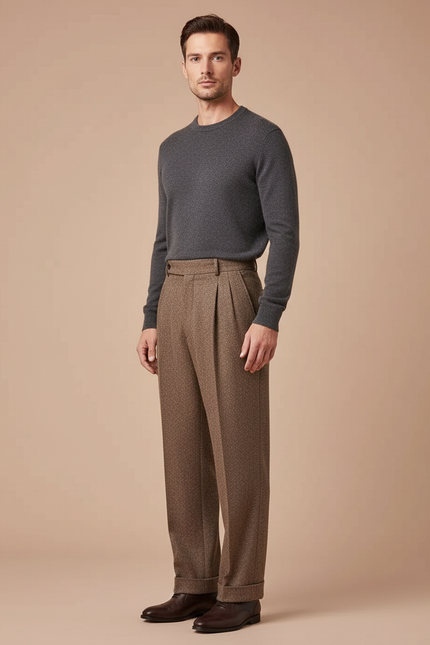 Pantalon Marron Plissé Ample Vintage Tweed Épais