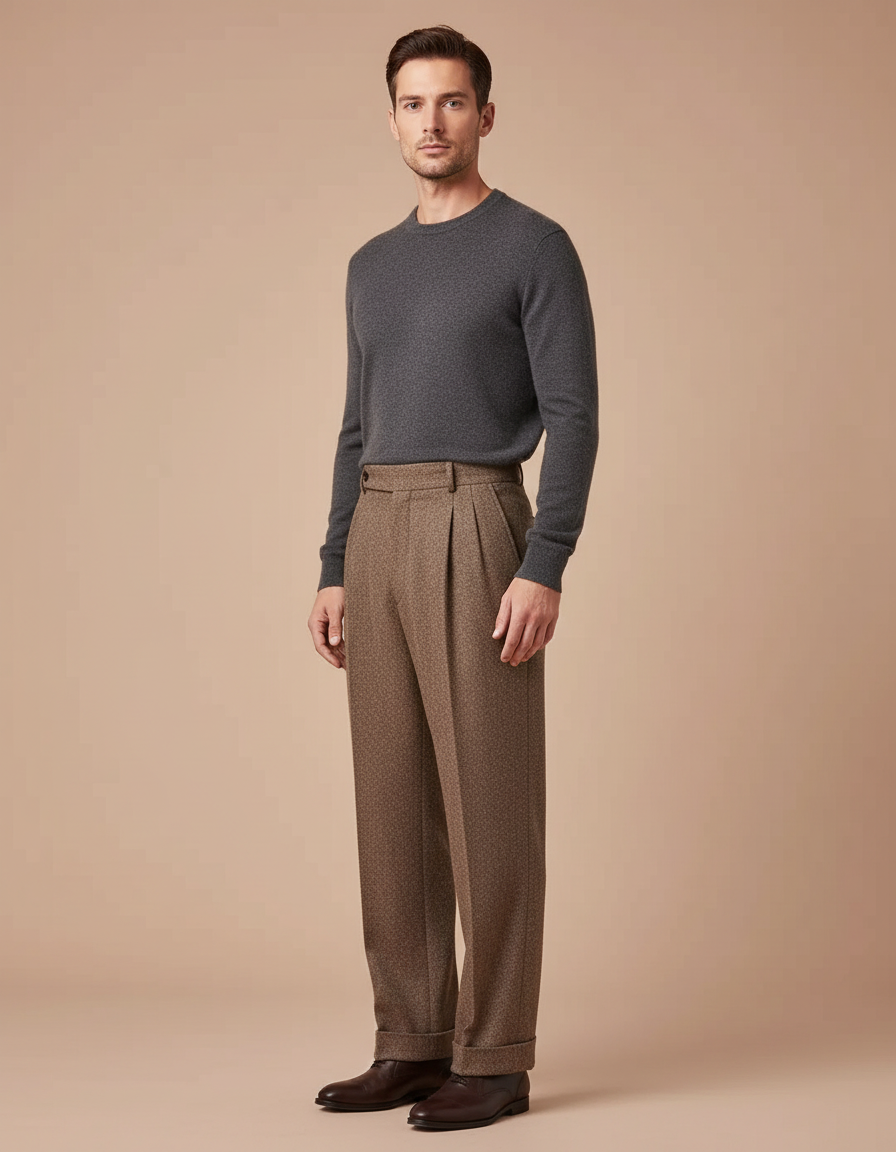 Pantalon Marron Plissé Ample Vintage Tweed Épais