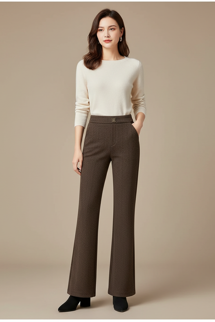 Pantalon Marron Laine Évasé Taille Haute Élégant - Tweed