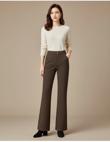 Pantalon Marron Laine Évasé Taille Haute Élégant - Tweed
