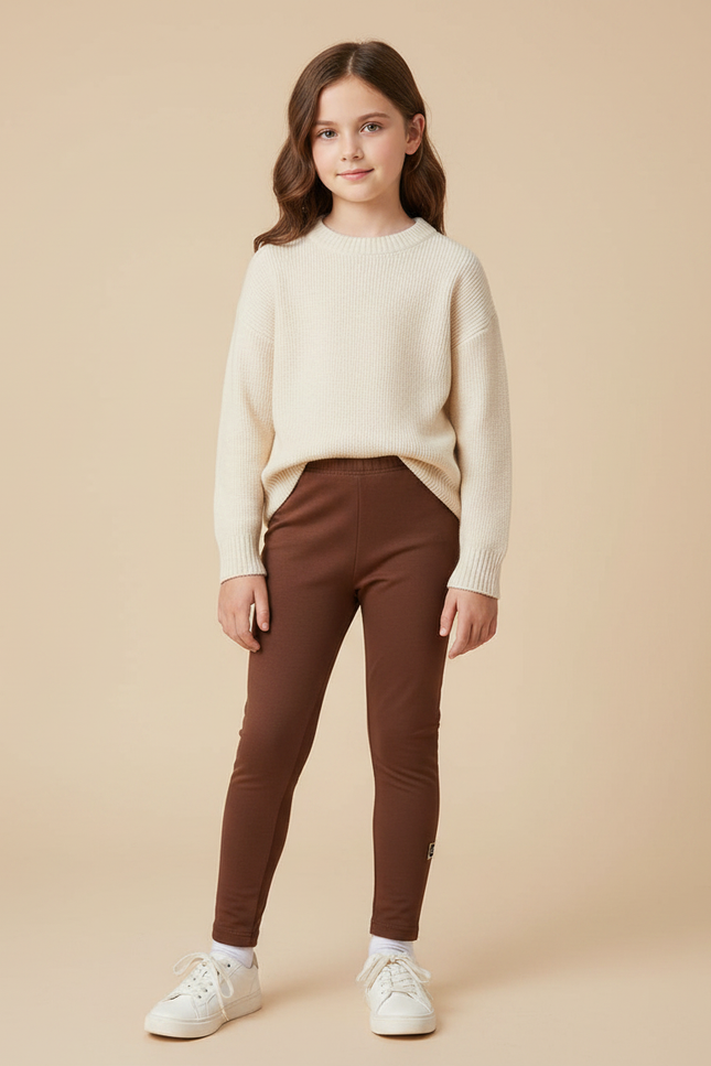 Pantalon Marron Fille Doublé Molleton Confortable Élastique