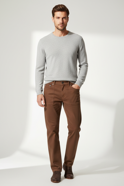 Pantalon Marron Coton Droit Décontracté Homme