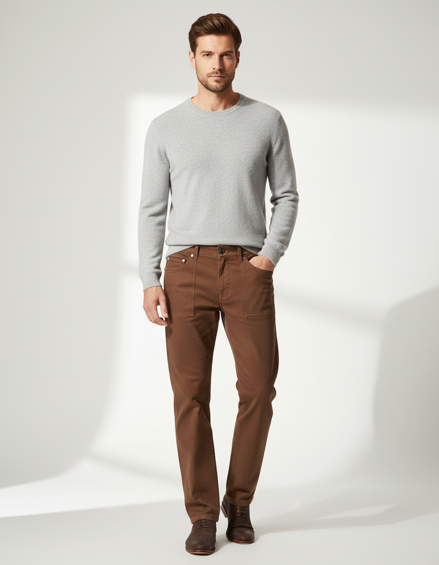 Pantalon Marron Coton Droit Décontracté Homme
