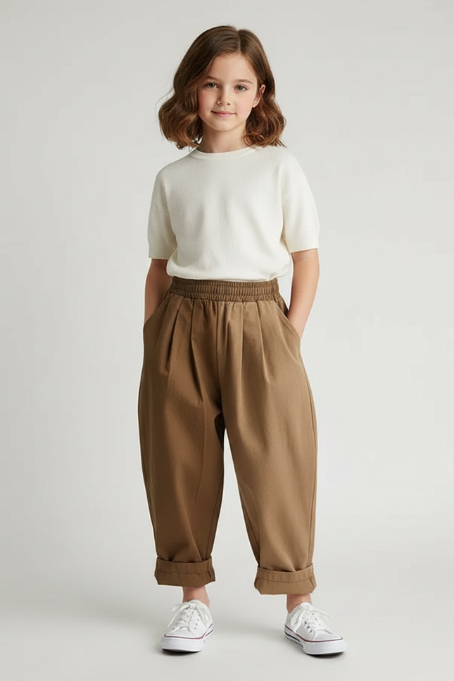 Pantalon Marron Ample Plissé Coton Enfant