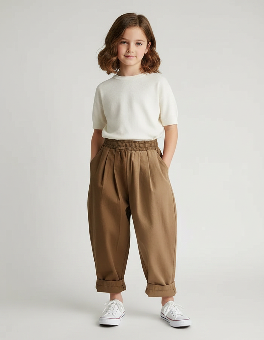 Pantalon Marron Ample Plissé Coton Enfant