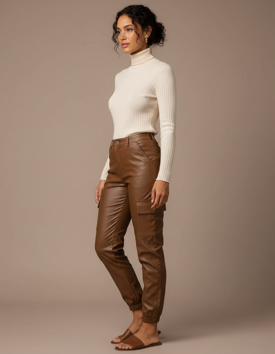 Pantalon Marron Similicuir Cargo Taille Haute Femme - Simili cuir