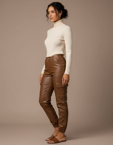 Pantalon Marron Similicuir Cargo Taille Haute Femme - Simili cuir