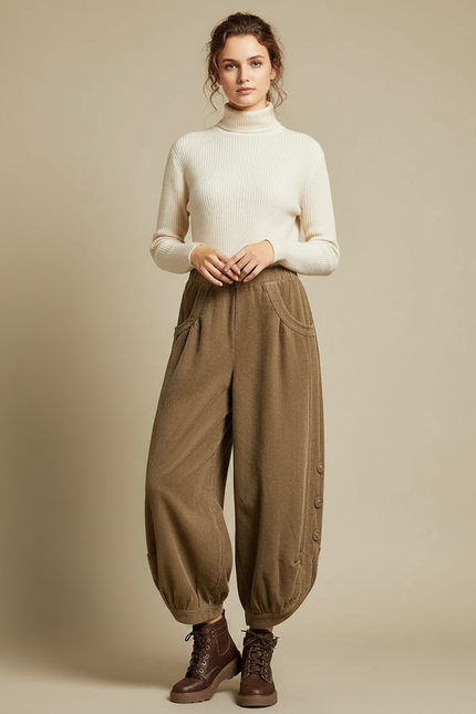 Pantalon Marron Velours Côtelé Ample Décontracté Femme - Cordé