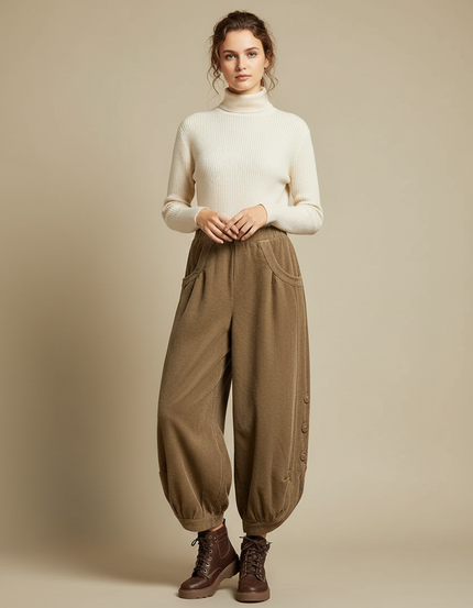 Pantalon Marron Velours Côtelé Ample Décontracté Femme - Cordé