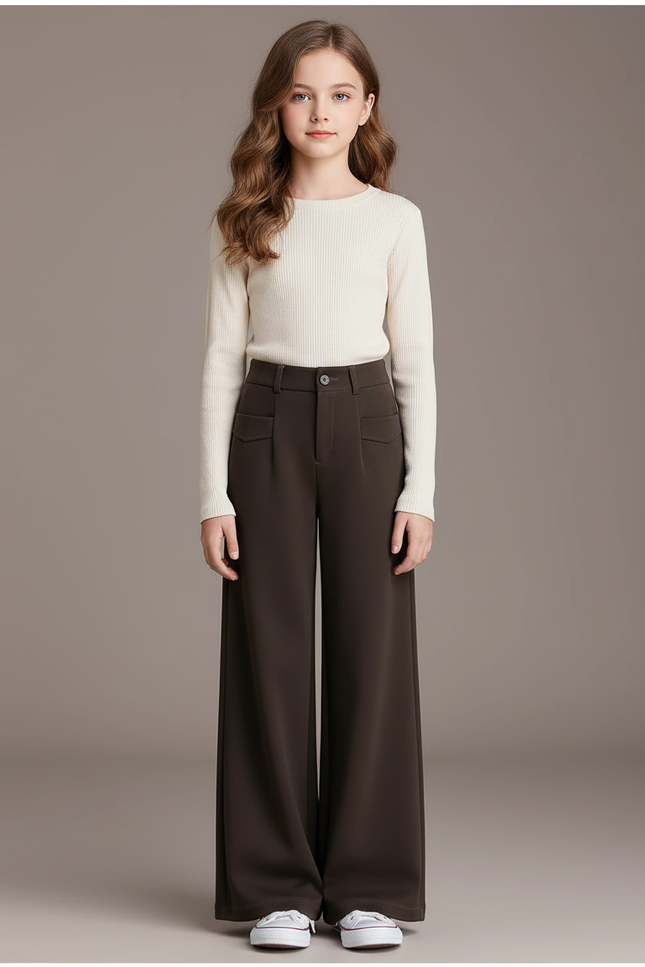 Pantalon Marron Ample Fluide Taille Haute Élégant - Polyester