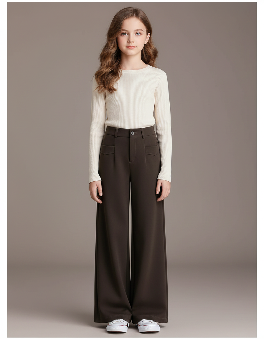 Pantalon Marron Ample Fluide Taille Haute Élégant - Polyester