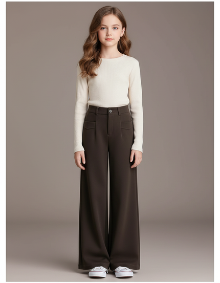 Pantalon Marron Ample Fluide Taille Haute Élégant - Polyester