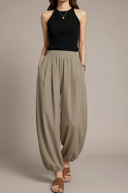 Pantalon Marron Fluide Ample Taille Haute Confortable - Kaki Polyester