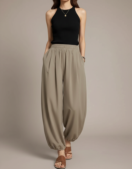 Pantalon Marron Fluide Ample Taille Haute Confortable - Kaki Polyester
