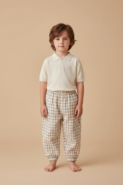 Pantalon Marron Carreaux Lin Ample Élastique Enfant