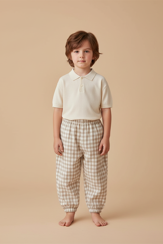 Pantalon Marron Carreaux Lin Ample Élastique Enfant