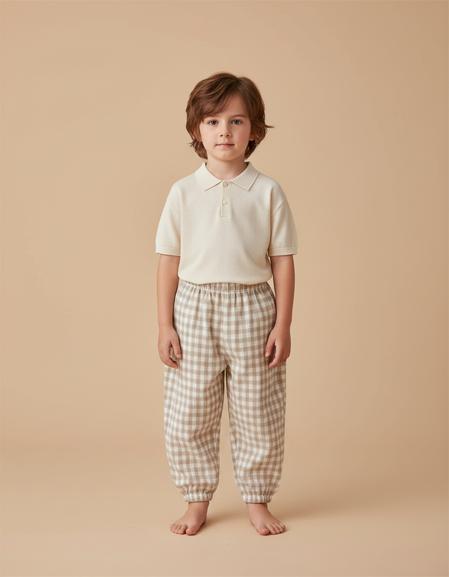 Pantalon Marron Carreaux Lin Ample Élastique Enfant