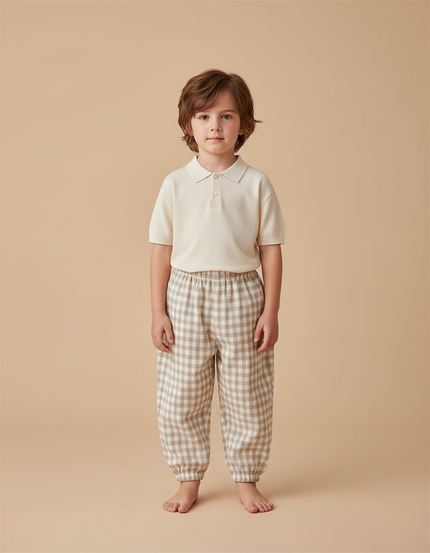 Pantalon Marron Carreaux Lin Ample Élastique Enfant