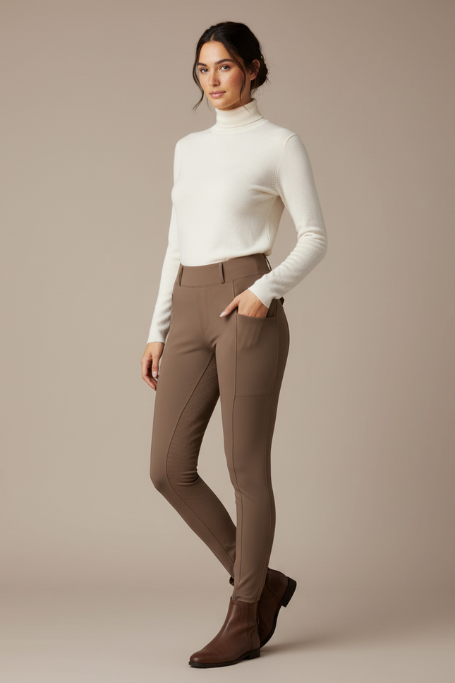 Pantalon Marron Équitation Taille Haute Stretch Femme - Polyester