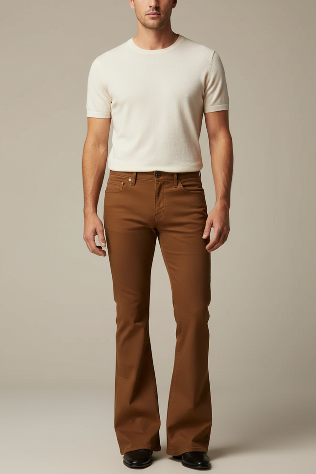 Pantalon Marron Évasé Vintage Extensible Slim Homme - Gabardine