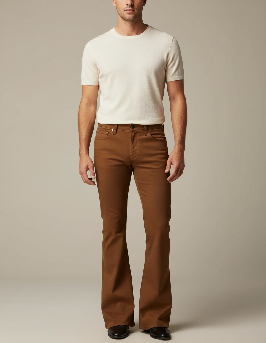 Pantalon Marron Évasé Vintage Extensible Slim Homme - Gabardine