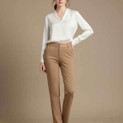 Pantalon Marron Femme Élégant Taille Haute Droit - Gabardine