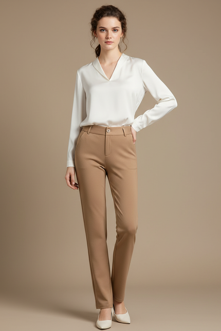 Pantalon Marron Femme Élégant Taille Haute Droit - Gabardine