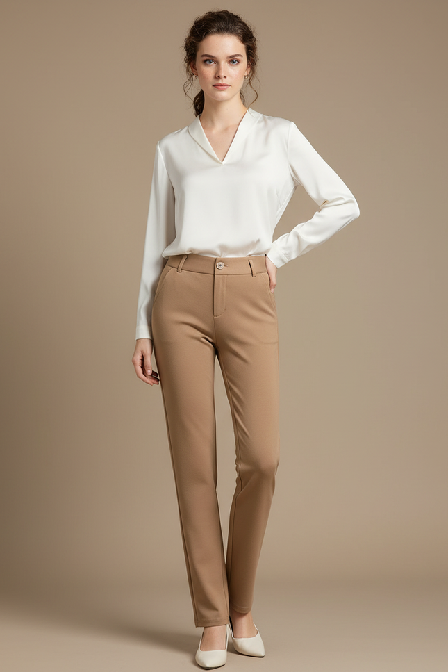 Pantalon Marron Femme Élégant Taille Haute Droit - Gabardine