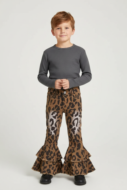 Pantalon Marron Léopard Évasé Volants Enfant - Jean