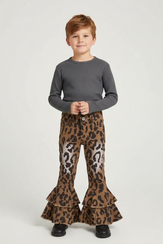 Pantalon Marron Léopard Évasé Volants Enfant - Jean
