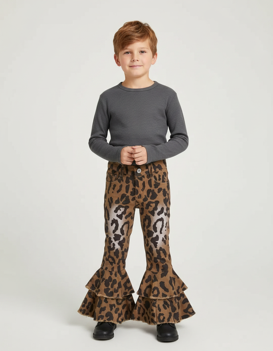 Pantalon Marron Léopard Évasé Volants Enfant - Jean