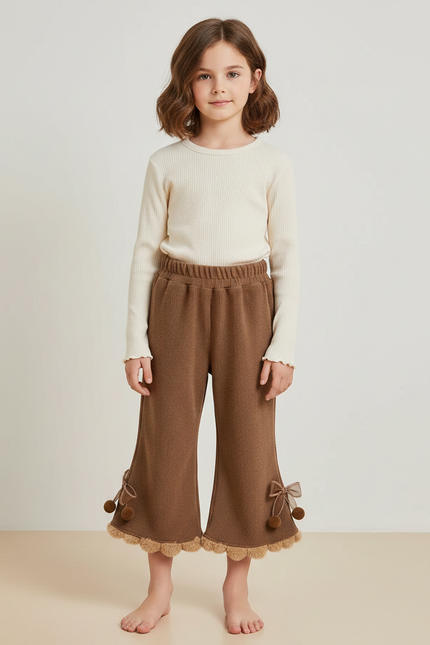 Pantalon Marron Côtelé Évasé Pompons Fille Hiver - Maille