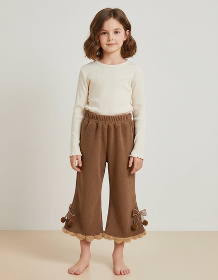 Pantalon Marron Côtelé Évasé Pompons Fille Hiver - Maille