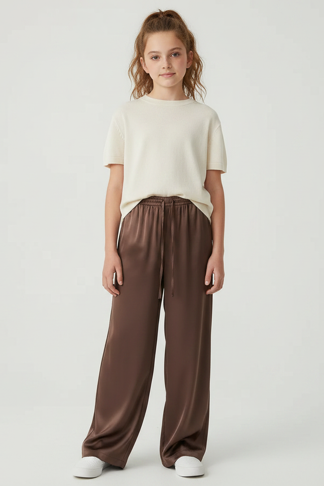 Pantalon Marron Satiné Fluide Droit Ample Élégant
