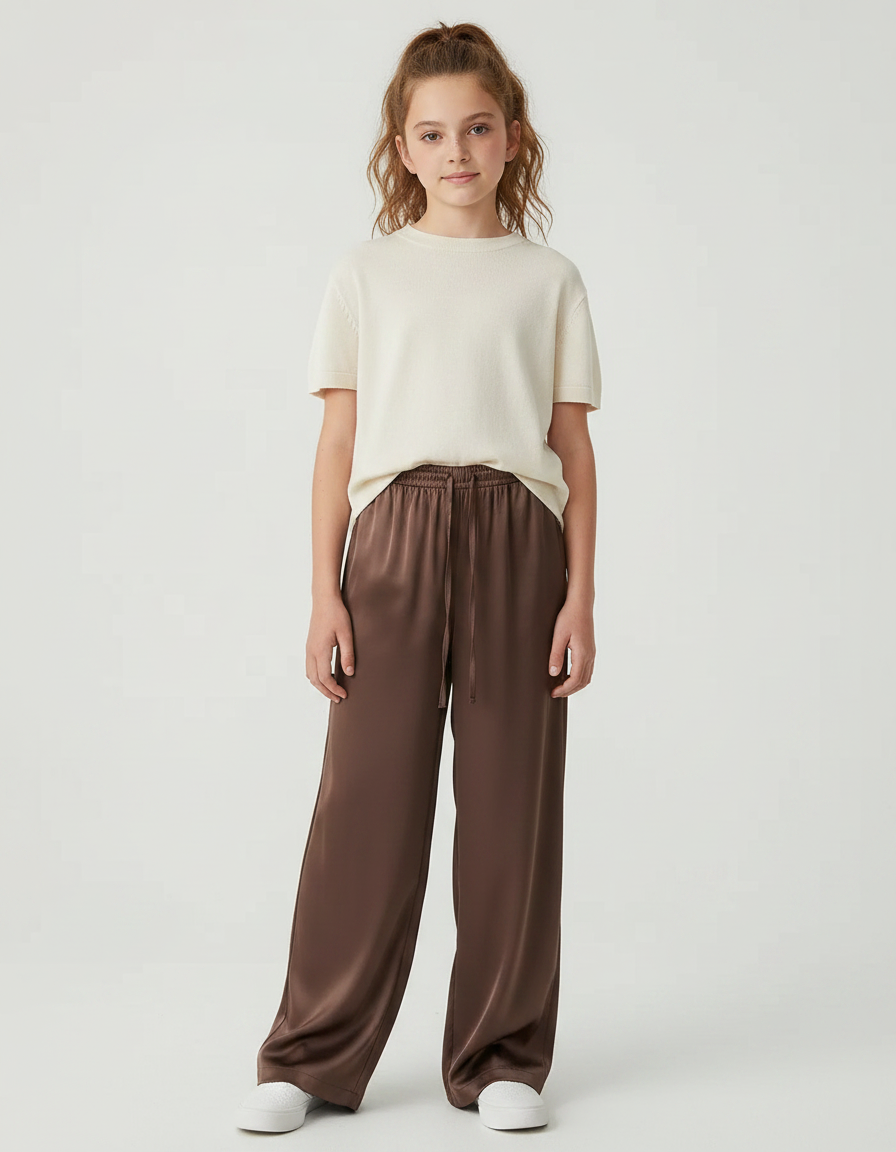 Pantalon Marron Satiné Fluide Droit Ample Élégant