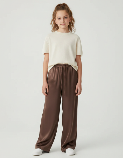 Pantalon Marron Satiné Fluide Droit Ample Élégant
