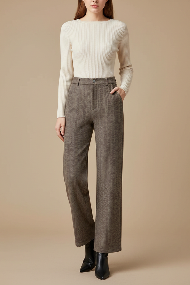 Pantalon Marron Laine Ample Droit Chevron Femme - Tweed