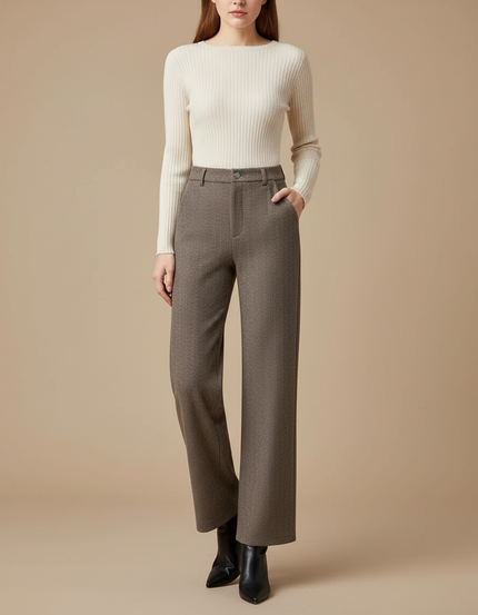 Pantalon Marron Laine Ample Droit Chevron Femme - Tweed