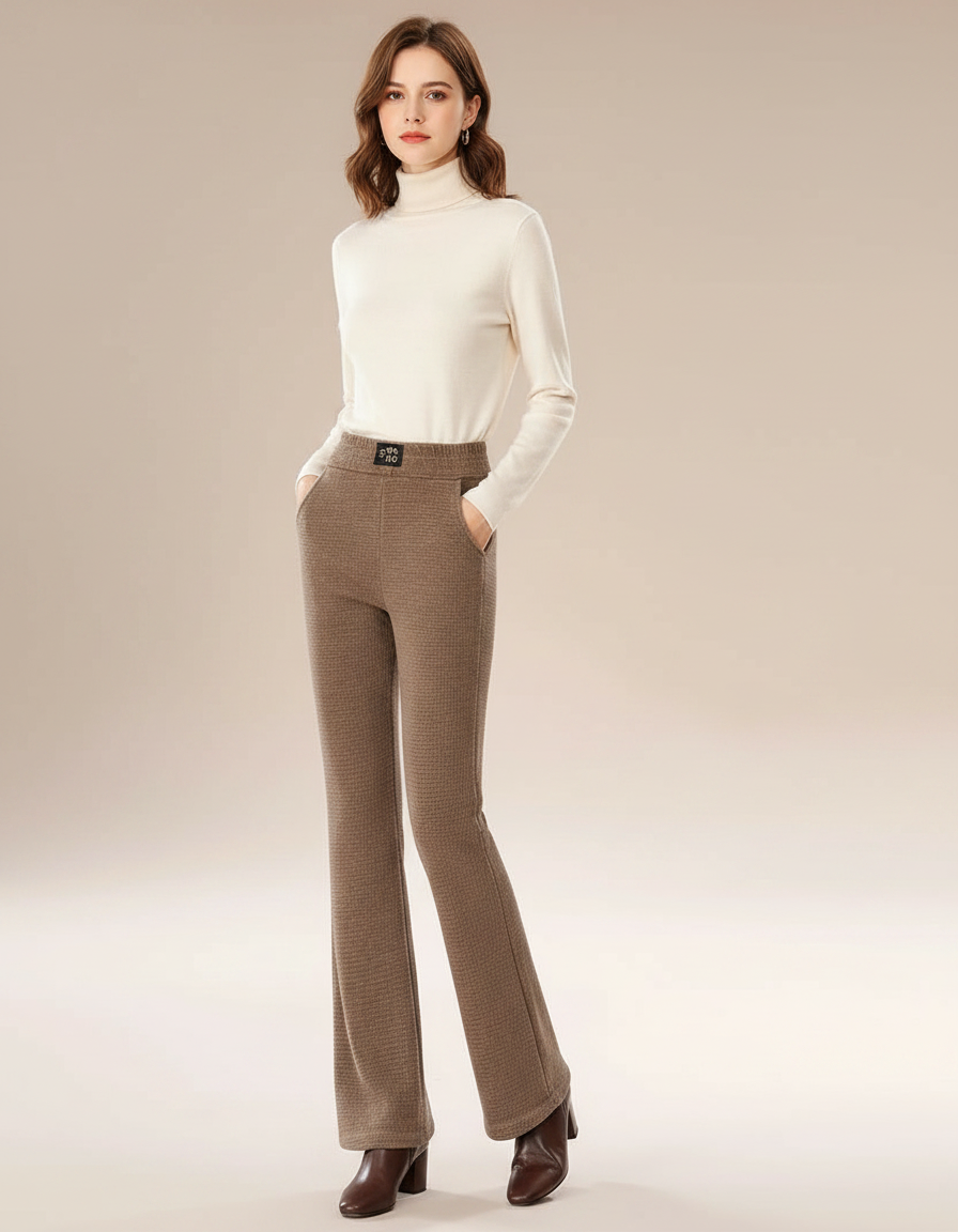 Pantalon Marron Évasé Taille Haute Texturé Hiver - Tweed