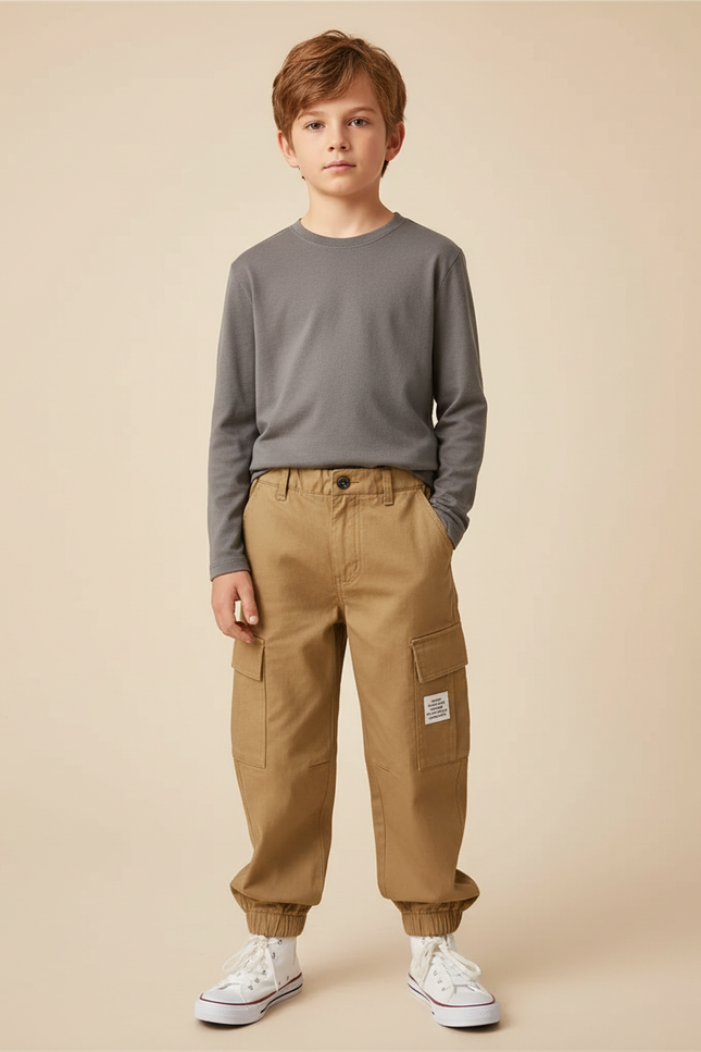 Pantalon Marron Cargo Ample Coton Garçon Décontracté - Camel