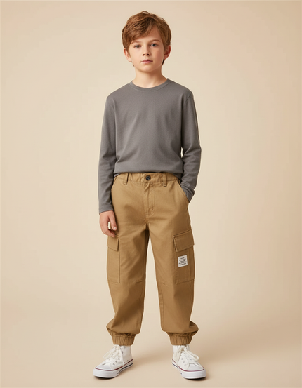 Pantalon Marron Cargo Ample Coton Garçon Décontracté - Camel