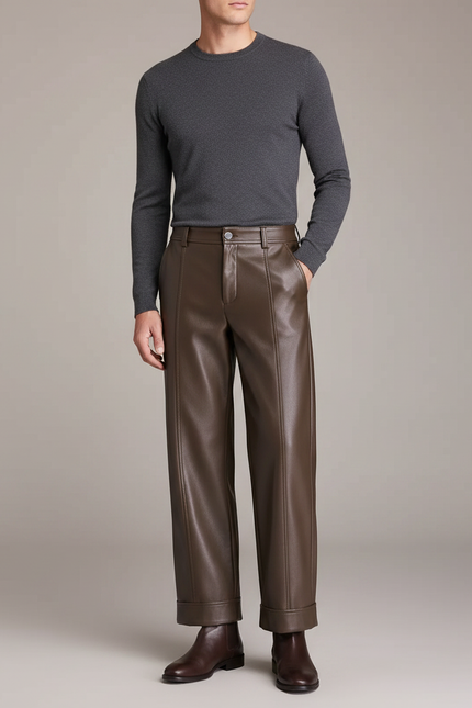 Pantalon Marron Cuir Large Élégant Homme