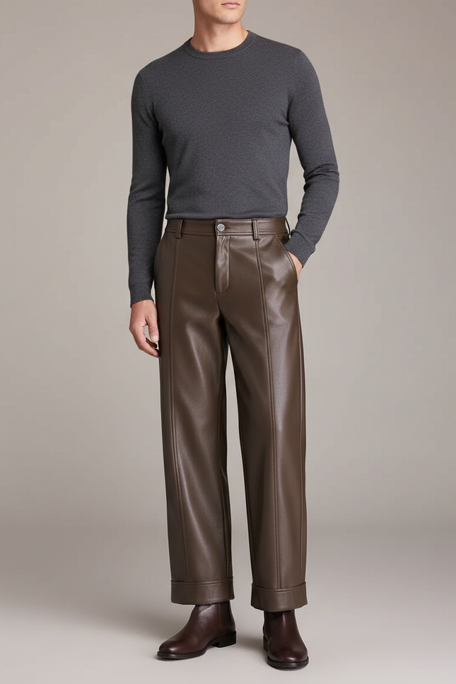Pantalon Marron Cuir Large Élégant Homme