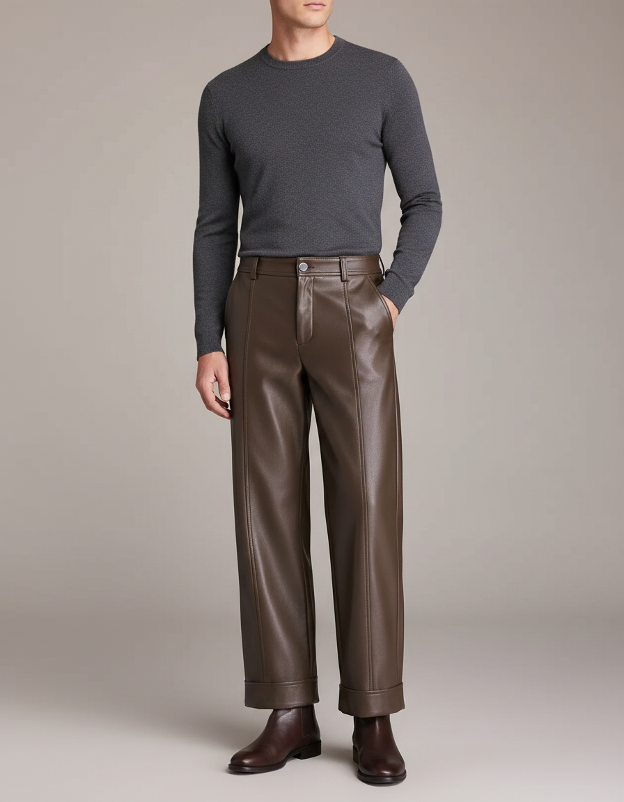Pantalon Marron Cuir Large Élégant Homme