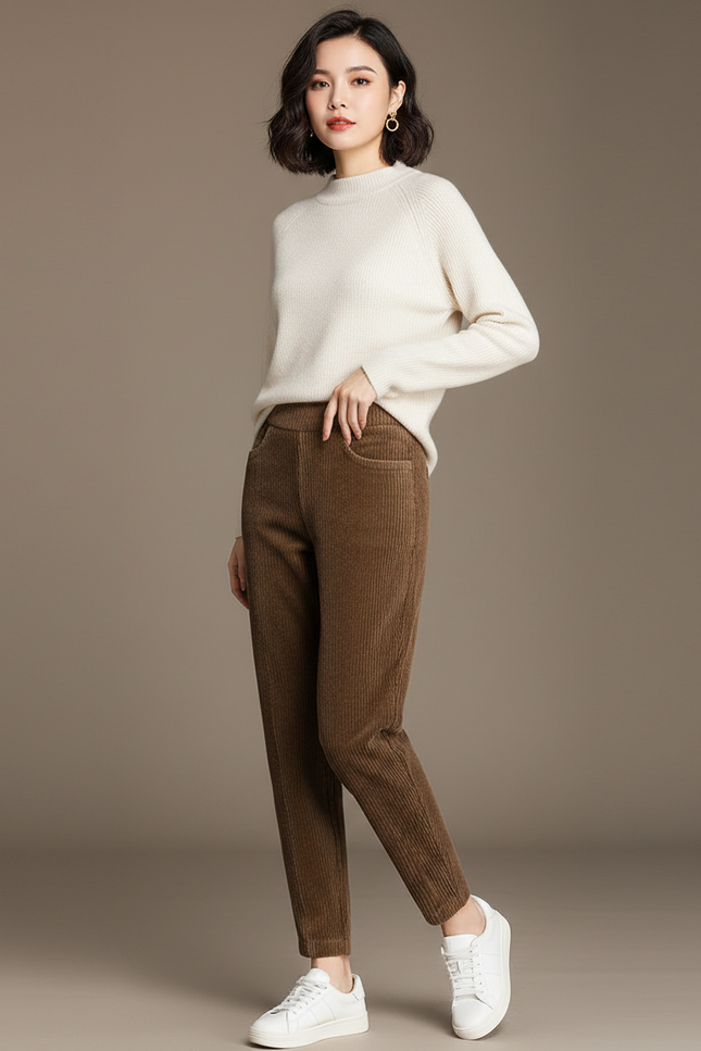 Pantalon Marron Côtelé Taille Haute Harem Épais Chaud - Cordé