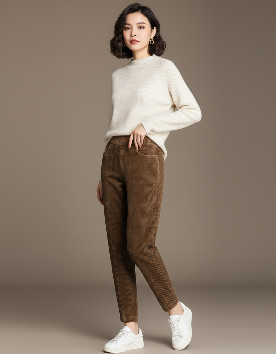 Pantalon Marron Côtelé Taille Haute Harem Épais Chaud - Cordé