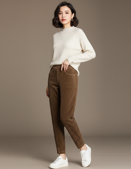 Pantalon Marron Côtelé Taille Haute Harem Épais Chaud - Cordé