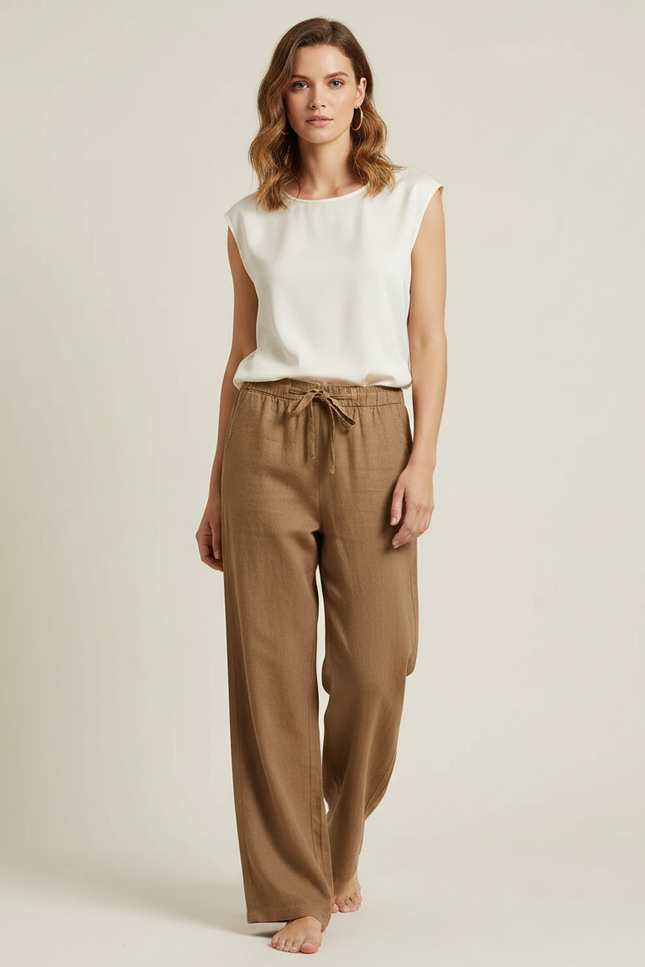Pantalon Marron Lin Coton Ample Décontracté Fluide