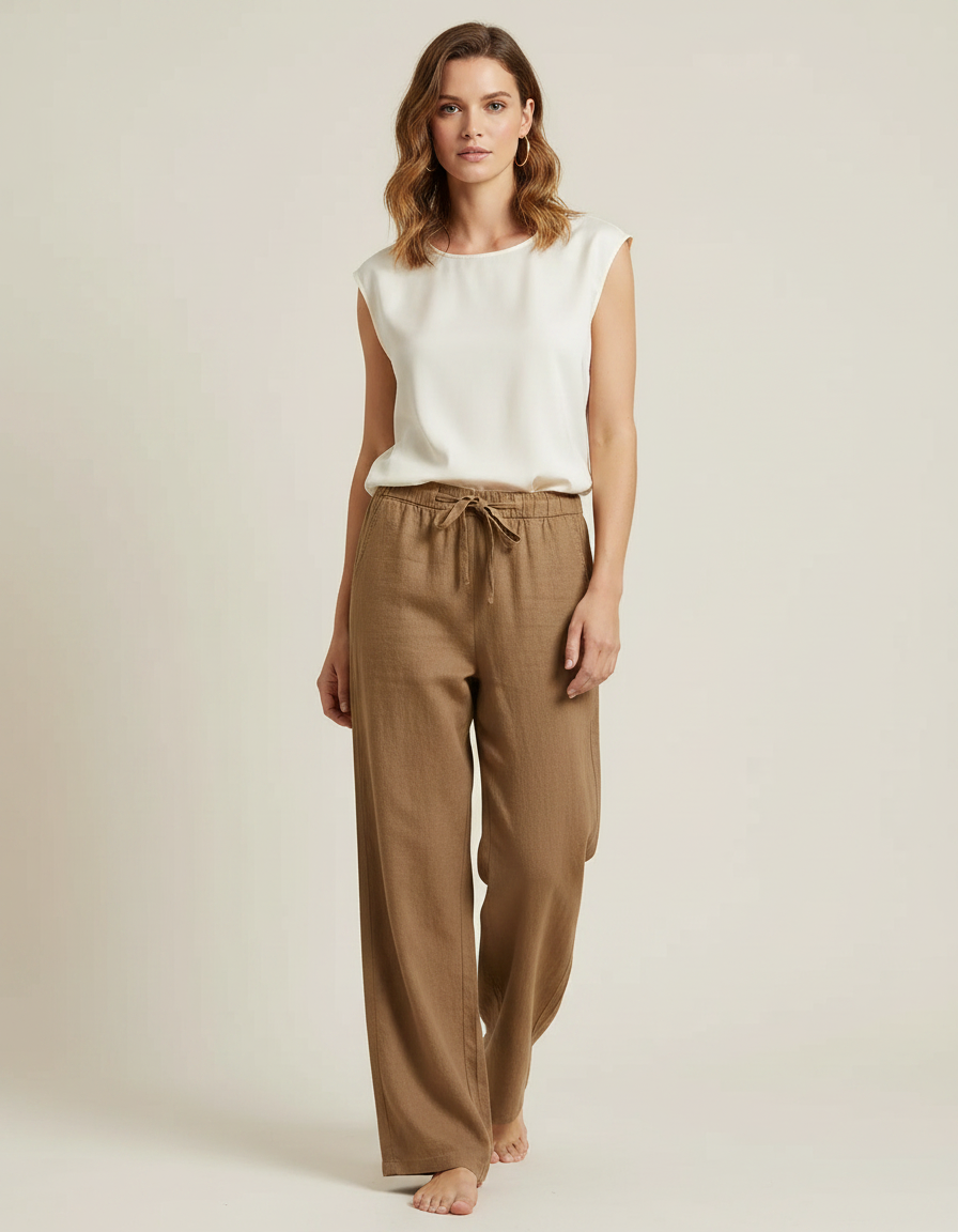 Pantalon Marron Lin Coton Ample Décontracté Fluide