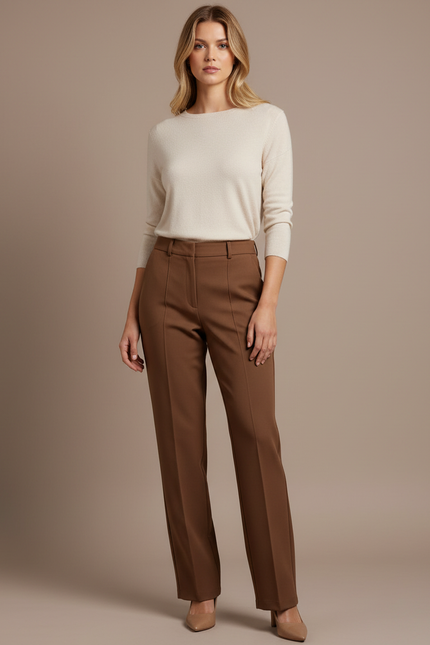Pantalon Marron Coupe Droite Élégant Taille Haute - Gabardine